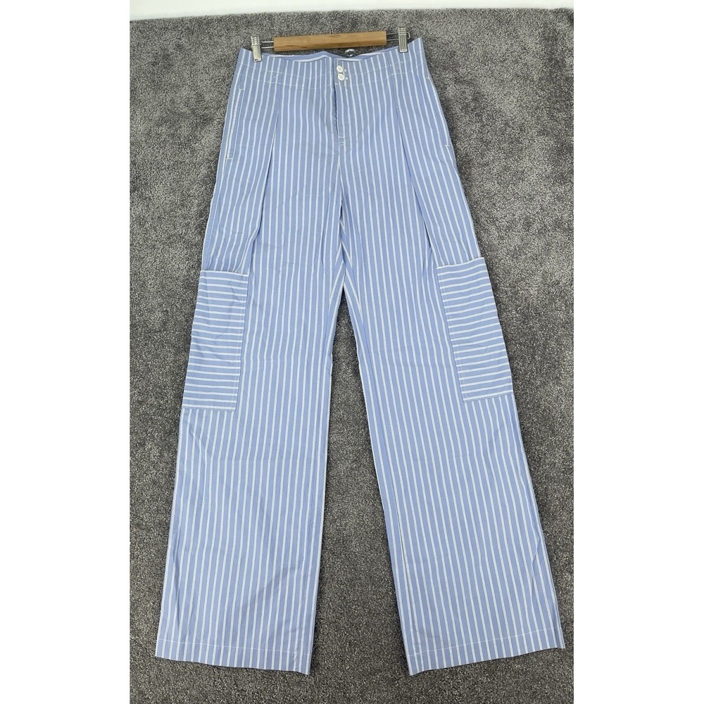 Womens Blue White Striped Wide Leg Cargo Pants High Waist Multi Button Utility